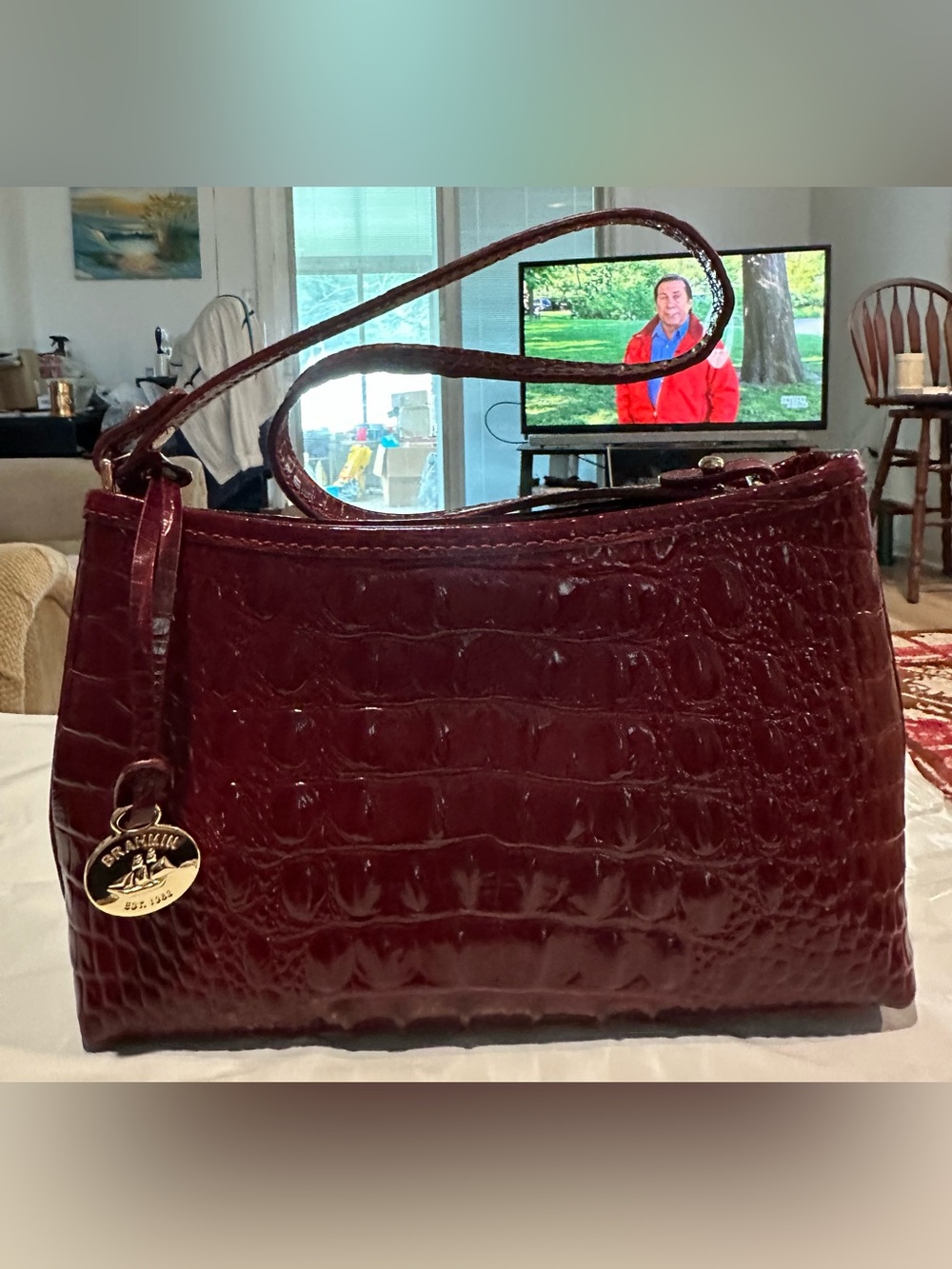 Brahmin Croc-Embossed Leather Shoulder Bag in Deep Burgundy
